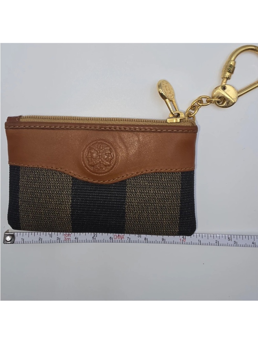 Fendi Pequín Brown Leather Trim Striped Canvas Coin Keys Pouch w/ Gold Hardware - Picture 3 of 11